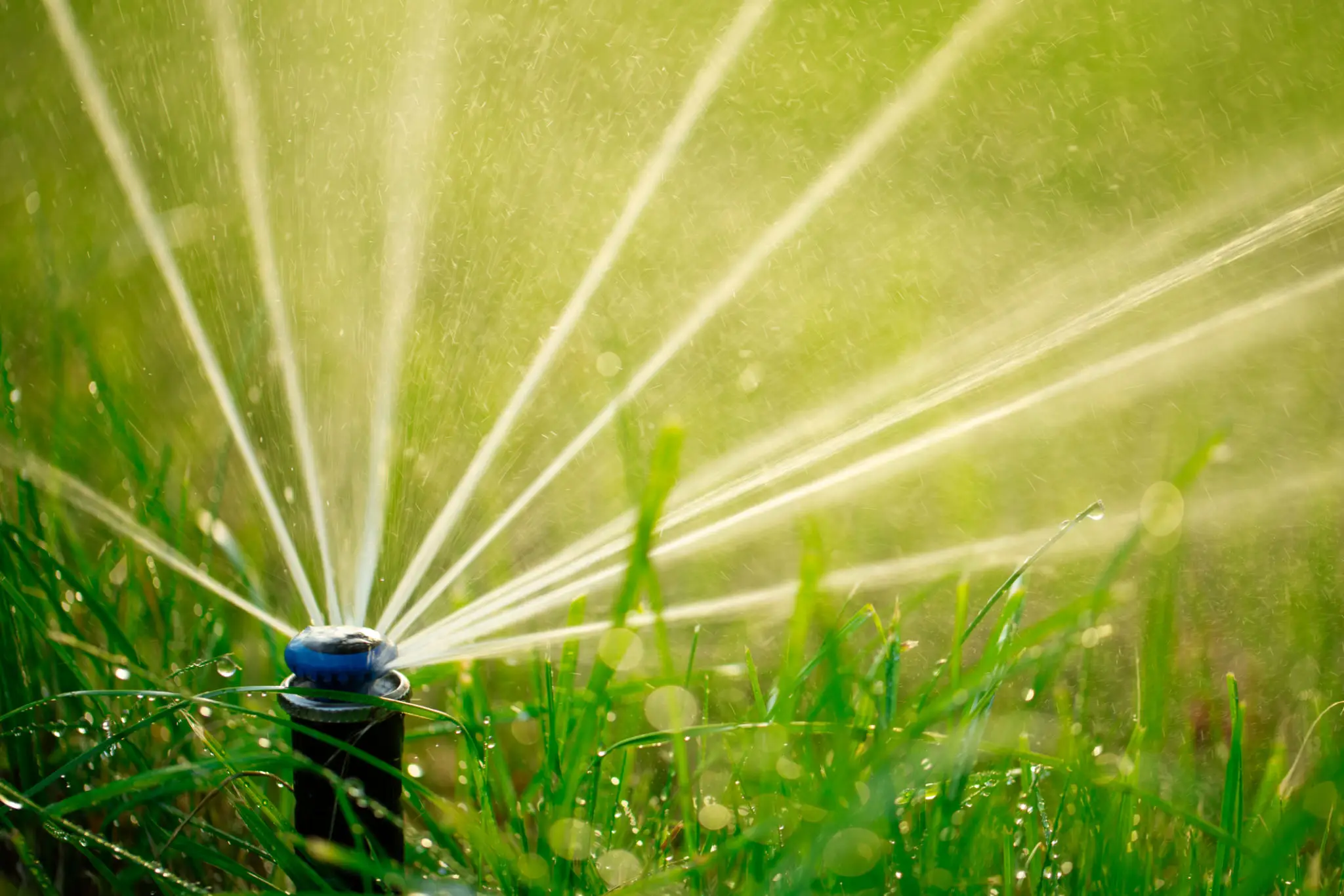 A sprinkler watering green grass in a garden.