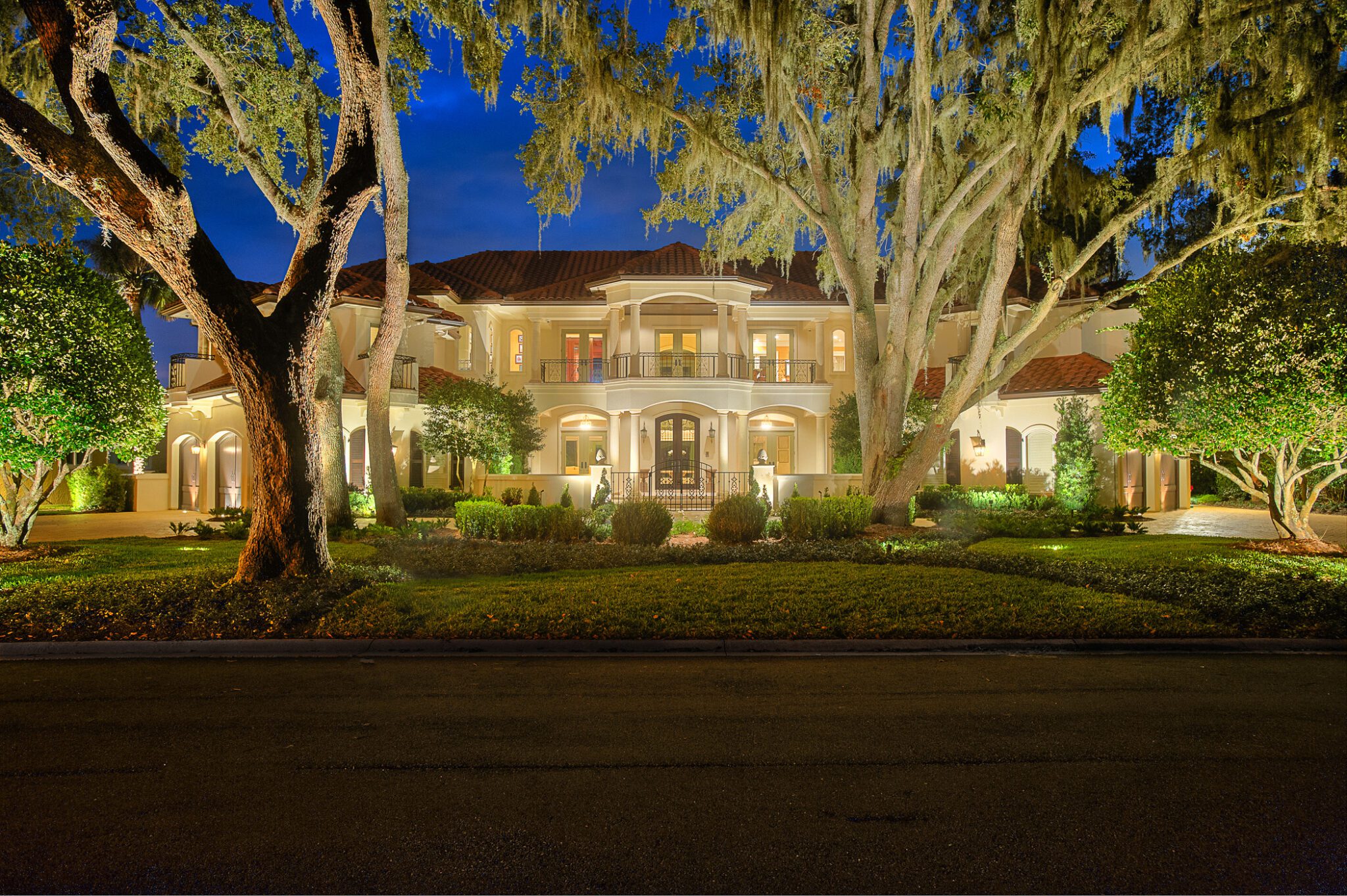 Elegant mansion illuminated at night